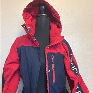 Tommy Hilfiger Red and Blue Raincoat with Hood and High Collar